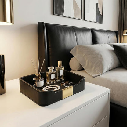 Luxury Leather Valet Tray Desktop Storage Organizer, Bedside Vanity Catchall Tray Nightstand Caddy Holder for Cosmetic, Jewelry, Watch, Keys, Phone,Wallet, Remote Controller, Pen (Black)