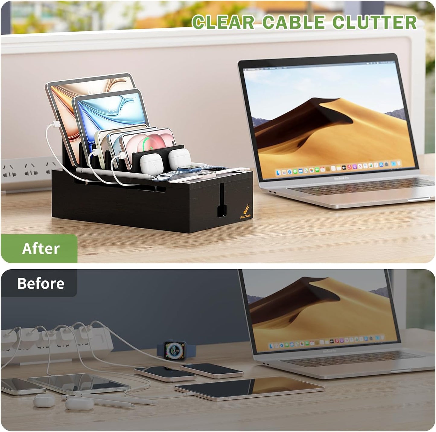 Pezin & Hulin Bamboo Charging Station for Multiple Devices, USB Charger Dock Organizer, with Power Supply (10 Ports HUB), 6 Cables, Cable Management Organizer for Cell Phones, Tablets -Natural+White