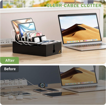 Pezin & Hulin Bamboo Charging Station for Multiple Devices, USB Charger Dock Organizer, with Power Supply (10 Ports HUB), 6 Cables, Cable Management Organizer for Cell Phones, Tablets -Natural+White