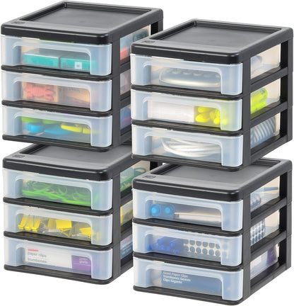 IRIS USA Plastic Stacking Desk Top 3-Drawer Storage Organizer, 2-Pack, for Makeup Vanity Nail Polish Bathroom Stationery Art Craft Supplies Kitchen Office Garage and Small Organization, Small, Black