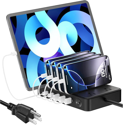 85W Charging Station for Multiple Devices,7 Port USB Charger Stations with 2 AC, 2 USB C, 3 USB A,Family Multi-Device Organizer Charging Dock -Designed for iPhone iPad Android Cell Phone Tablet,Black