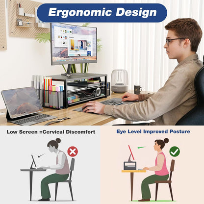 OPNICE Desk Organizer and Accessories, 2-Tier Computer Monitor Stand Riser with Drawer and 2 Pen Holders, Laptop Stand, Office Desk Accessories for Office Supplies, Black
