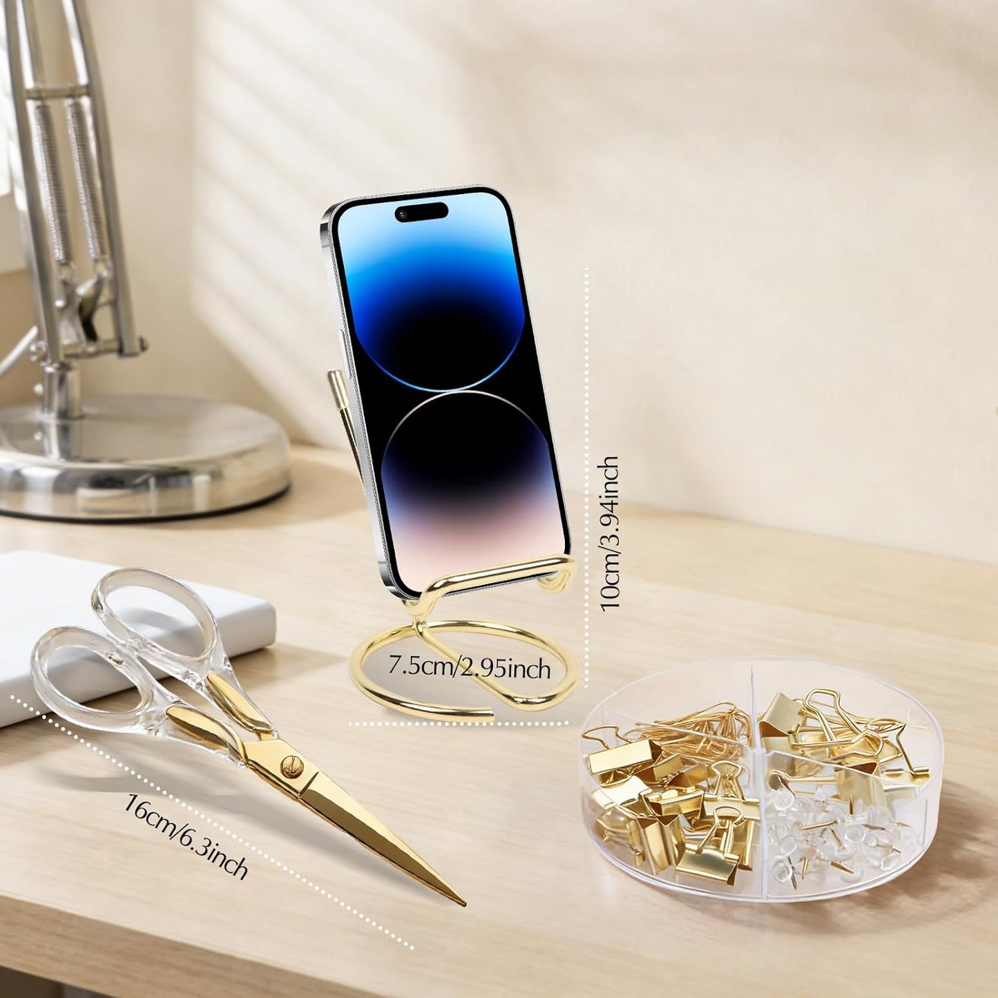 Phone Stand for Desk, Sturdy Metal Gold-Plated Phone Stand for Office Desk, Hands-Free Phone Charging Holder for Phone Calling and Watching Videos