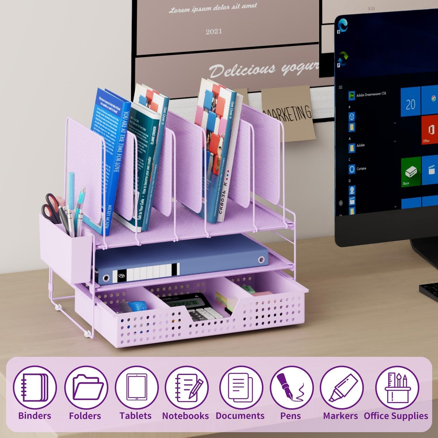 LEKETREE Desk Organizer, Office Organization with Vertical File Holder, File Organizer with Drawer and Pen Holder, Desk Accessories and Workspace Organizers for Home Office (Black)