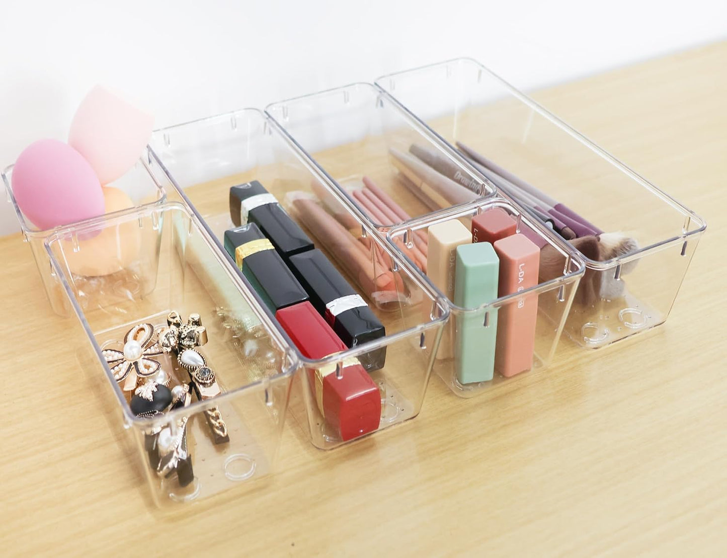Drawer Organizer with Non-Slip Silicone Pads Set of 15,Clear Plastic Vanity Organizer Storage Bins Containers,4 Size Desk Organizer Tray