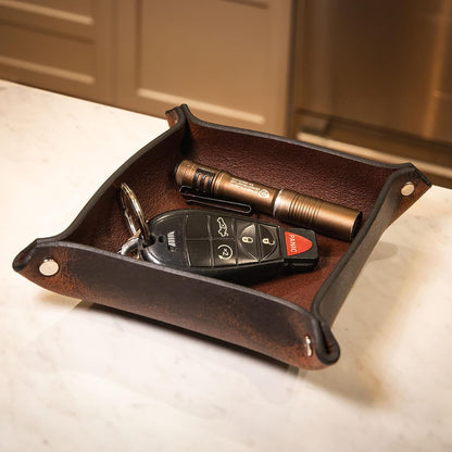 Valet Tray – Full-Grain Leather Catchall Organizer for Keys, Phone & Wallet – Rustic Nightstand & Desk Tray with Raised Sides – Handmade in USA (Vintage Brown, Small Rectangle)