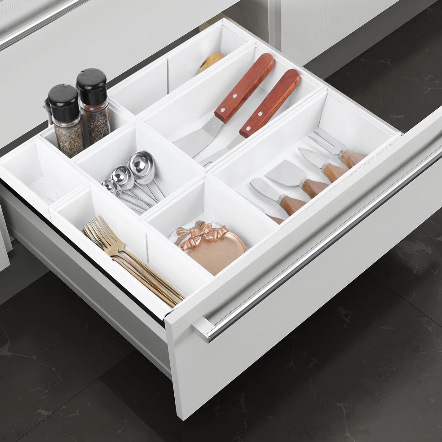 Bamboo Drawer Organizer,5 PCS White Bathroom Tray&Desk Organizers and Storage,Cabinet Divider With Removable Silverware Organization for Kitchen,Utensils,Junk,Office,Makeup
