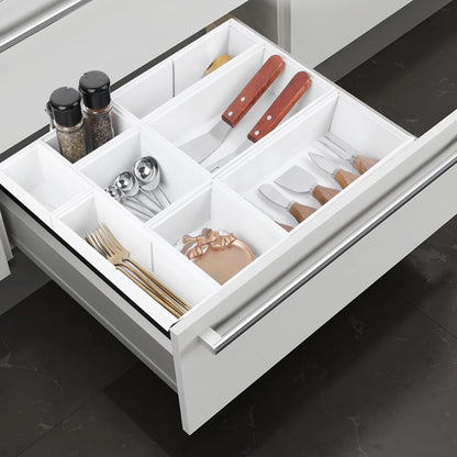 Bamboo Drawer Organizer,5 PCS White Bathroom Tray&Desk Organizers and Storage,Cabinet Divider With Removable Silverware Organization for Kitchen,Utensils,Junk,Office,Makeup