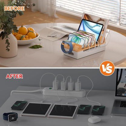 Pezin & Hulin Bamboo Charging Station with Watch Stand, Docking Holder for Multi Device with 5 Port USB Charger HUB, 5 Charge Cables, Desktop Electronic Organizer for Cellphone, Tablet, Watch