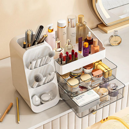 Booklov Makeup Organizer for Vanity, Countertop Cosmetic Display Case with Clear Acrylic Drawers, Bathroom Counter Beauty Caddy, Cute Table Storage Holder for Skincare, Brush Lipsticks, Crystal White