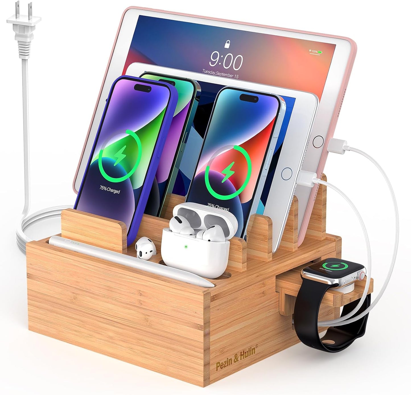 Bamboo Charging Station for Multiple Devices with 5 Port USB Charger, 5 Charger Cables and Smart Watch Stand. Wood Desktop Dock Stations Electronic Organizer for Cell Phone, Tablet, Watch, Office