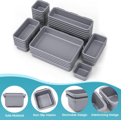 StoreHappily 10 PCS Drawer Organizer Set, 4 Size Makeup Drawer Divider Organizer With Non-Slip Pads, Interlocking Plastic Storage Bins for Office,Jewelry Vanity,Gadgets, Bathroom,Kitchen, Black