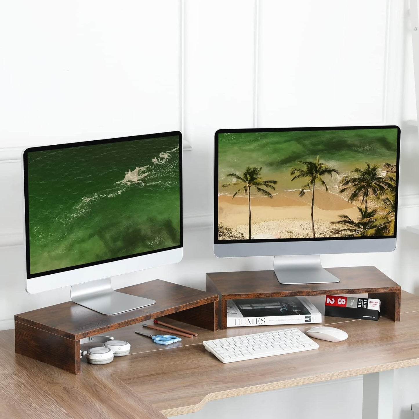 TEAMIX 20 inch White Monitor Stand Riser, Wood Desktop Stand for PC/TV/Laptop/Printer, White Monitor Riser with Storage, Computer Stand with Keyboard Organizer