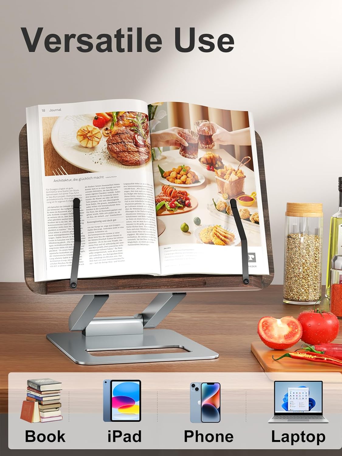Tounee Book Stand, Telescopic Book Holder Stand, Adjustable Height Pull Out Design Ergonomic Cookbook Stand with Elastic Page Clips Fits All Books (Gray)