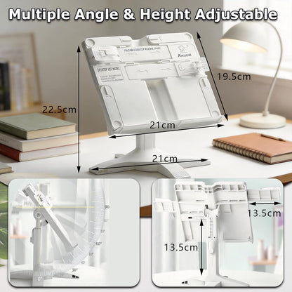 Adjustable Book Stand for Reading,160° Rotating Hands Free Book Stand,Adjustable Height and Angle Recipe Book Holder, with Extendable Page Clips, for Tablet,Laptop,Magazine,Recipe