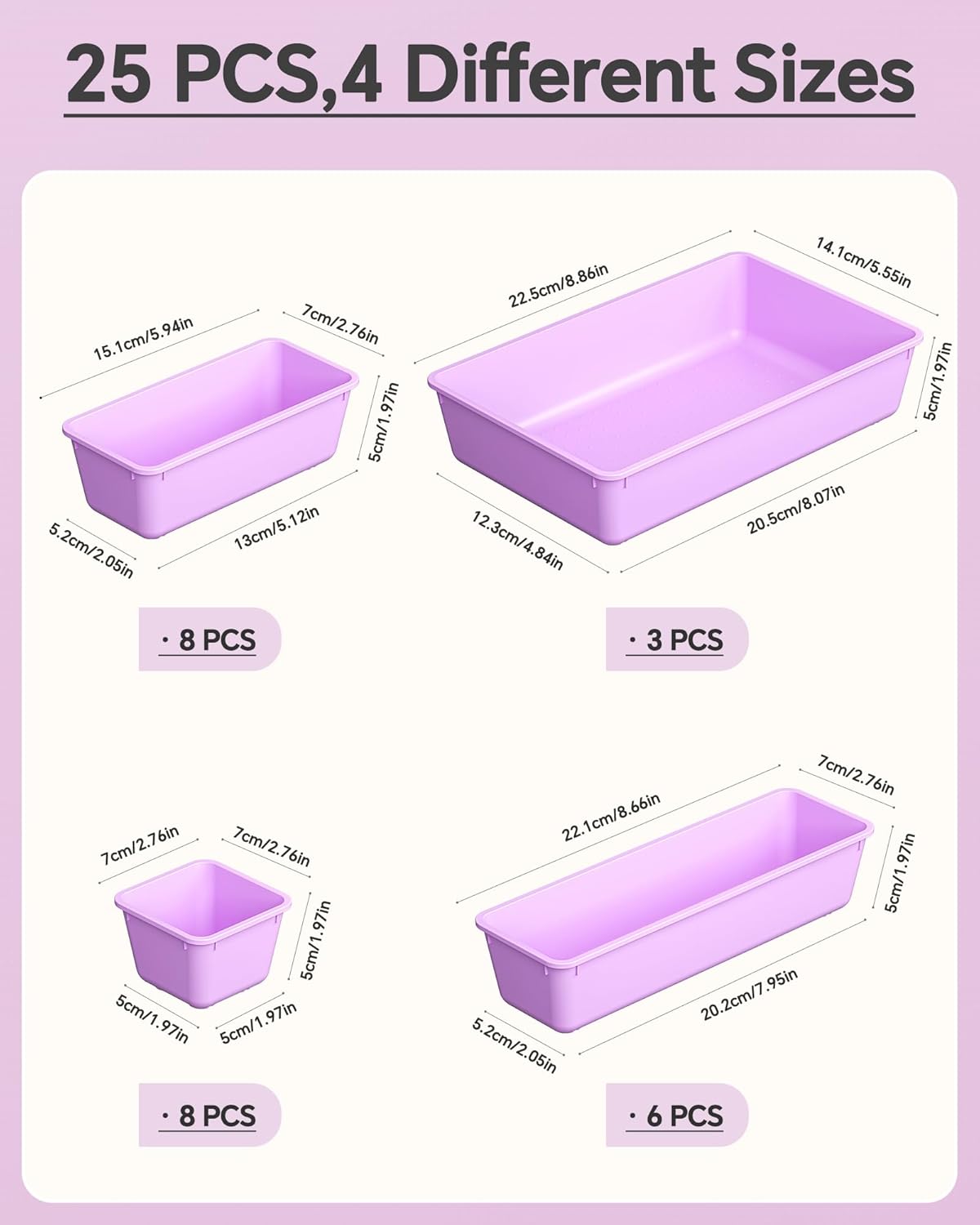 KEMETHY 25 PCS Plastic Drawer Organizers Set, 4 Sizes Vanity Organizer, Makeup and Desk Drawer Organizer Trays, Organization and Storage for Makeup, Bathroom, Kitchen Utensils and Office (Black)