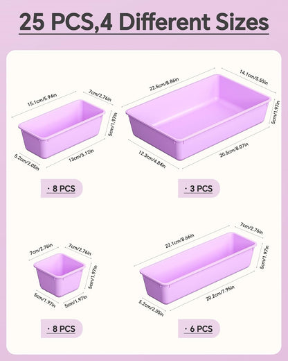 KEMETHY 25 PCS Plastic Drawer Organizers Set, 4 Sizes Vanity Organizer, Makeup and Desk Drawer Organizer Trays, Organization and Storage for Makeup, Bathroom, Kitchen Utensils and Office (Black)