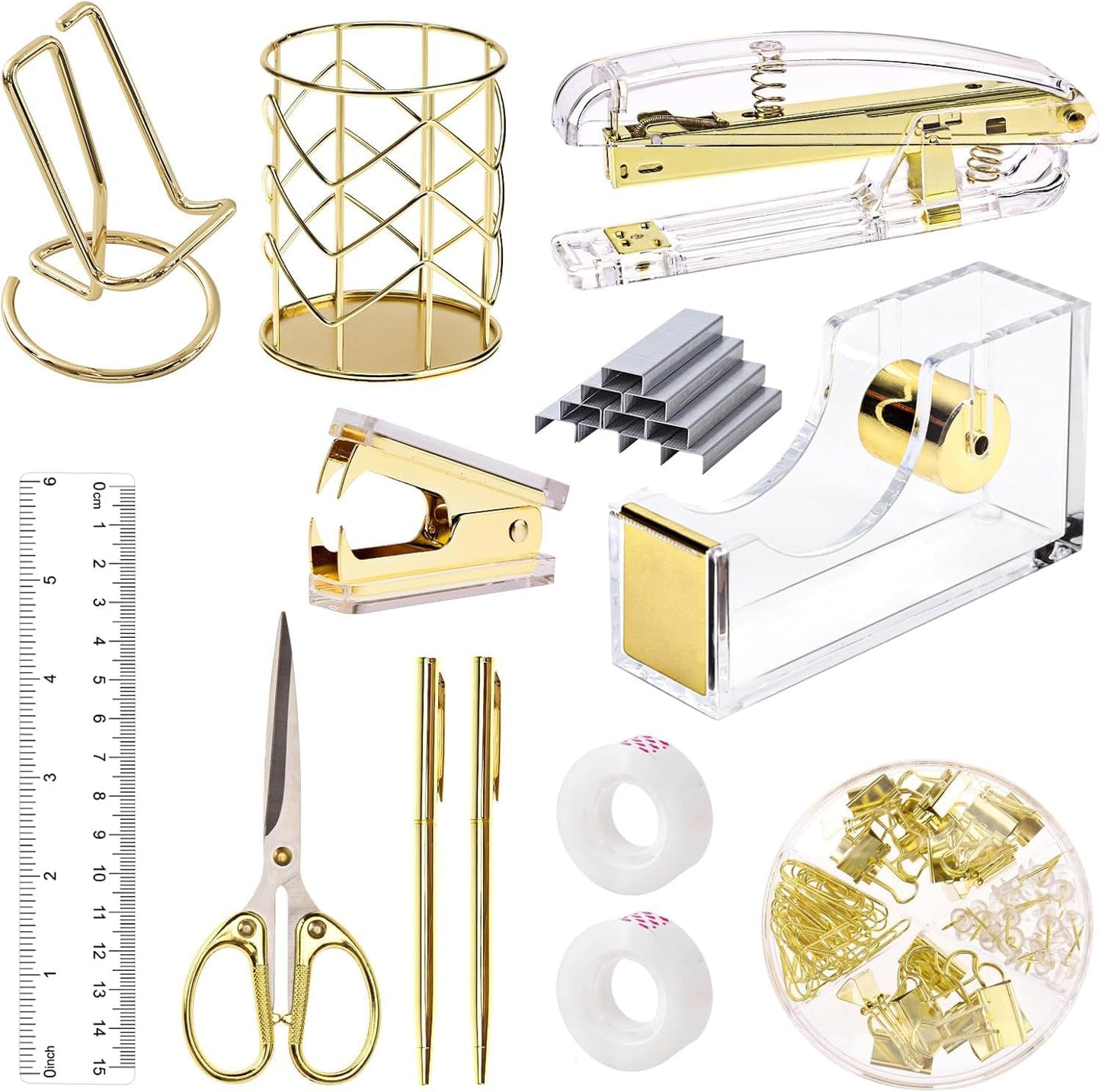 suniya Office Supplies,Gold Desk Accessories,with Stapler,Tape Dispenser,Pen Holder,Scissors,Phone Stand,Staple Remover,Ballpoint Pen,Clear Tape, Staples,Ruler,Clips,Best Gift for Business or Boss