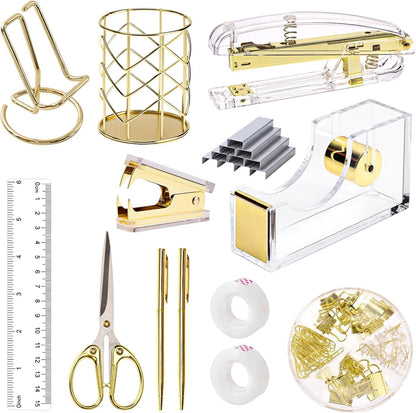 suniya Office Supplies,Gold Desk Accessories,with Stapler,Tape Dispenser,Pen Holder,Scissors,Phone Stand,Staple Remover,Ballpoint Pen,Clear Tape, Staples,Ruler,Clips,Best Gift for Business or Boss