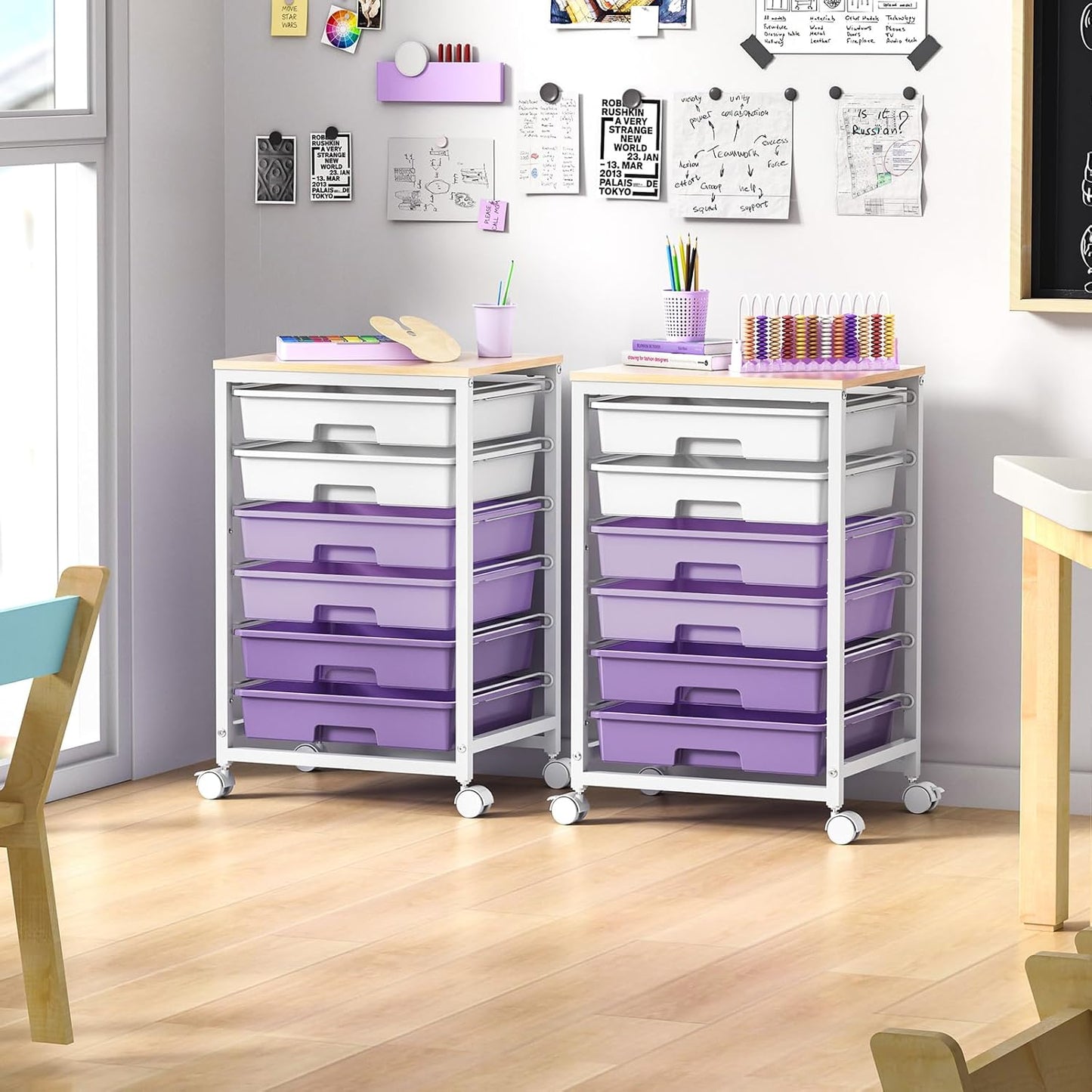 SYKIARIOL Rolling Storage Utility Cart with 6 Drawers and Wooden Tabletop for Under Desk Storage,White