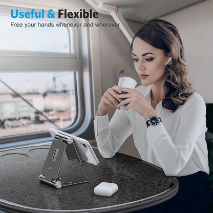 OMOTON Foldable Cell Phone Stand, C4 Portable Aluminum Phone Holder, Adjustable Phone Dock Cradle Compatible with iPhone 17/16/15 Pro Max Air, Samsung Galaxy, Small Tablets, All Smart Phones, Silver