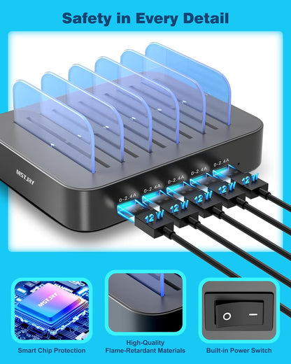 MSTJRY Charging Station for Multiple Devices : 5 Port Multi USB-A Charger Stations Multi-Device Organizer Charging Dock Designed for iPhone iPad Cell Phone Tablets (7 Short Cables Included)