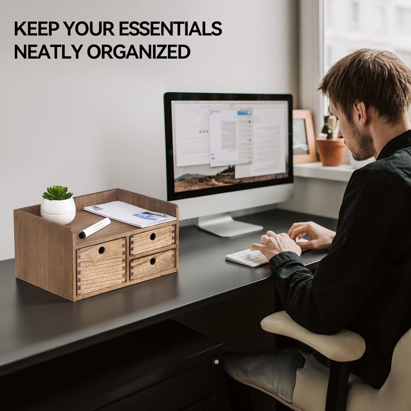 KIRIGEN Wooden Desktop Organizer Paper Storage Letter Tray File Sorter - Desk Rack Magazine File Dividers Holders for Home Office Accessories Wood Desk Cabinet with 3 Layer Trays Natural(3KWJG-NA)