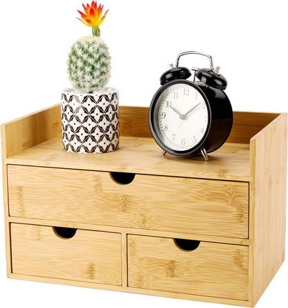 Charmewooden Bamboo Desk Organizer with 3 Drawers, Countertop Organizer with Drawers Makeup Storage Drawer 3 Drawers Tabletop Storage Organization Box Home Office Workspace
