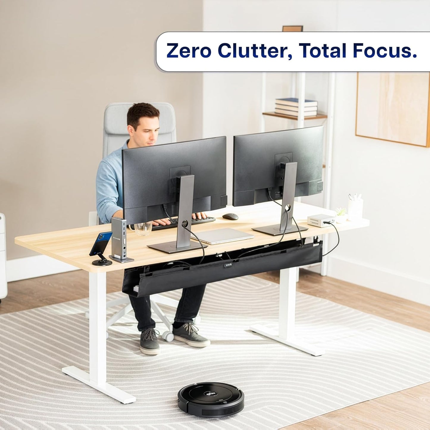 VIVO Screw-on Under Desk 47 inch Fabric Cable Management Tray, Wire Concealer, Power Strip Storage, Workspace Organization, Easy Fold Down Access, Black, DESK-AC47F-S