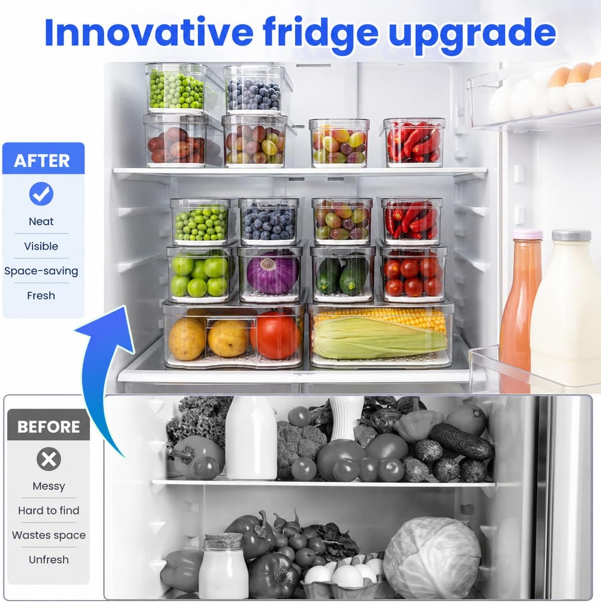 SMRCAD 8 Pack Refrigerator Organizers, Clear Pull-out Drawer Container and Organizer Bins with Lids, Stackable Storage Containers for Fruits, Vegetable (Set of 8 (Include Pull Out Drawer))