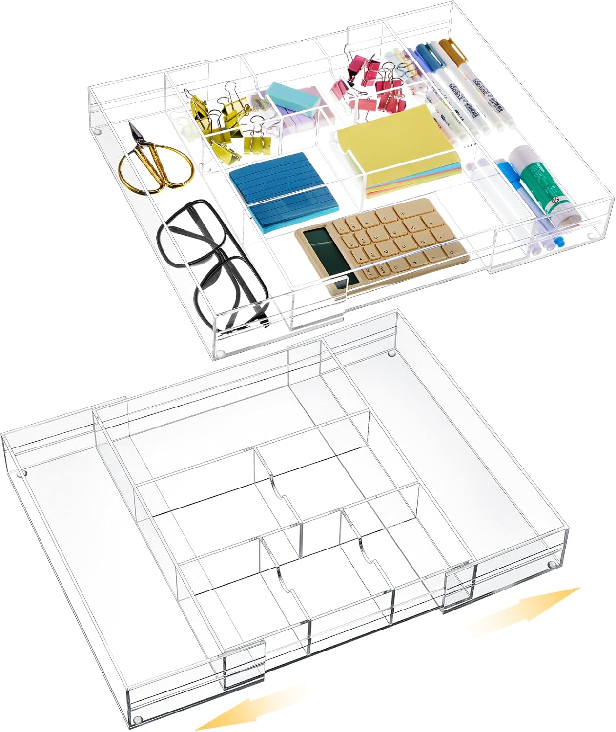 Briwooody 2 Pcs Acrylic Desk Drawer Organizer Maximum 12 x 18 x 2.1 Inch Expandable Drawer Organizer Trays with 8 Adjustable Compartments Desk Accessories for Makeup Silverware Office Bathroom