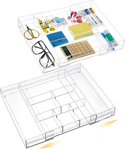 Briwooody 2 Pcs Acrylic Desk Drawer Organizer Maximum 12 x 18 x 2.1 Inch Expandable Drawer Organizer Trays with 8 Adjustable Compartments Desk Accessories for Makeup Silverware Office Bathroom