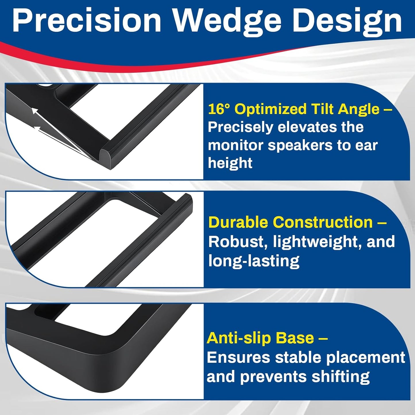 1 Pair Hyparade Desktop Speaker Stands, Suitable for Most Small Speakers, 16° Tilt Wedge-Shaped Speaker Riser with Shock-Absorbing Foam, Space-Saving Design