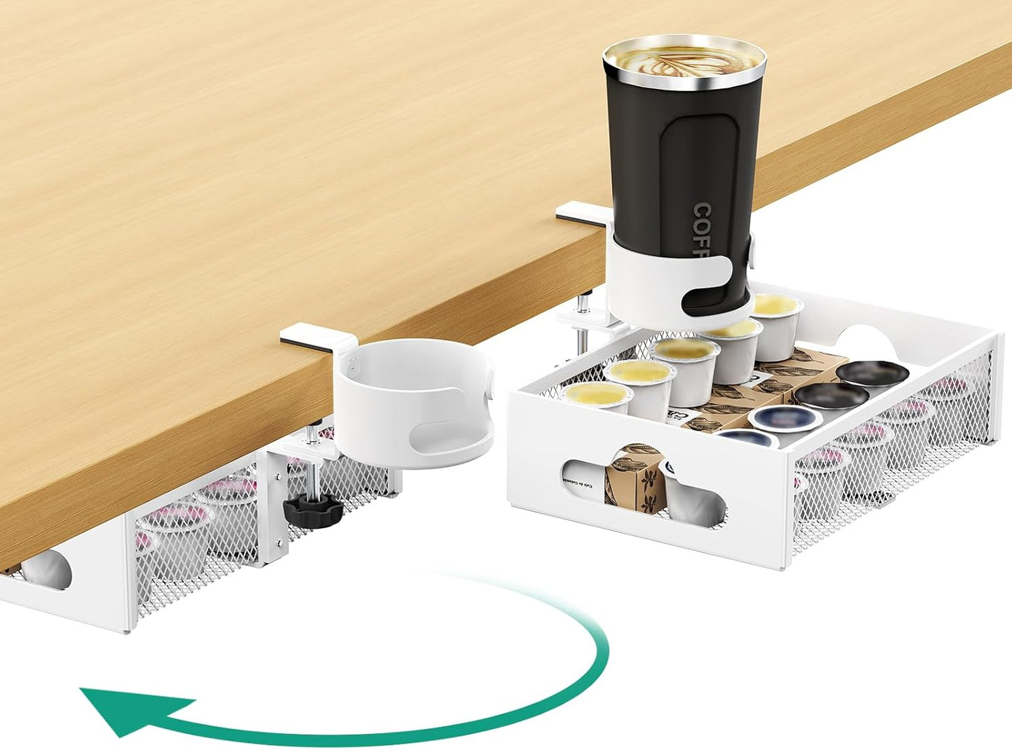 CABTE Desk Cup Holder with Drawer Organizer, Anti-Spill Clip-On Table Cup Hook with 360° Rotation Hidden Storage Box for Office Home Gaming Table (Black)