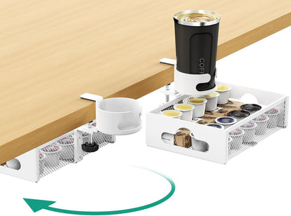 CABTE Desk Cup Holder with Drawer Organizer, Anti-Spill Clip-On Table Cup Hook with 360° Rotation Hidden Storage Box for Office Home Gaming Table (Black)