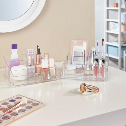 STORi Clear Plastic Small Countertop Vanity Makeup Organizer, Compact Rectangular 4-Compartment Holder for Brushes, Eyeshadow Palettes, & Beauty Supplies, Made in USA