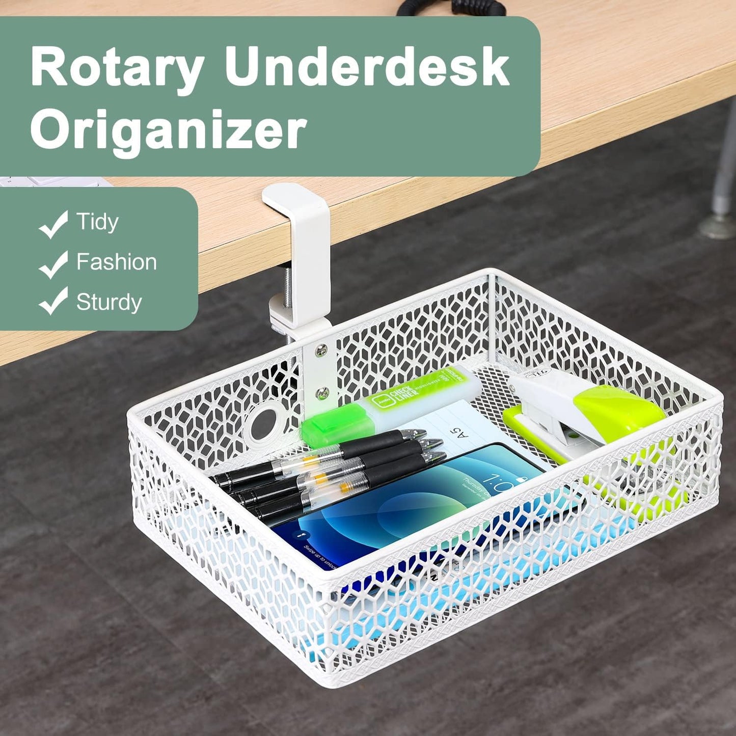ROSYLINE OSYLINE Heavy Duty Clamp On Under Desk Drawer Organizer Storage Tray Basket with Non-Slip Pad Hanging Mount for Home Office Studio Bedroom or Dorm (Black)