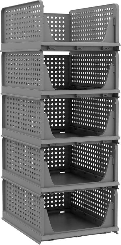 Pinkpum 5 Pack Stackable Plastic Storage Closet Organizers and Storage Bins Drawer Shelf Storage Container for Wardrobe Cupboard Kitchen Bathroom Office White