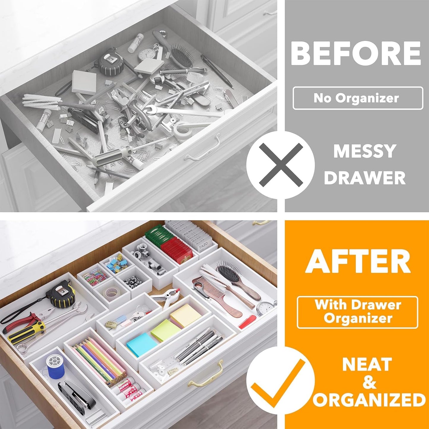 SpaceAid 14-Piece Bamboo Drawer Organizer Storage Boxes Set, Wood Tray Junk Drawer Organizers Multi-Use Divider Bins for Kitchen, Bathroom, Office Desk and Makeup Organization (14 Pack, Natural)