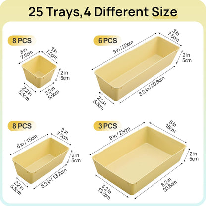 Vtopmart 25 PCS Clear Plastic Drawer Organizers Set, 4-Size Versatile Bathroom and Vanity Drawer Organizer Trays, Storage Bins for Makeup, Bedroom, Kitchen Gadgets Utensils and Office