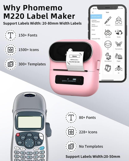 Phomemo Label Maker,M220 Label Printer,3 Inch Bluetooth Thermal Label Maker Machine with 6000+ Icons,700+ Templates,400+ Fonts,for Kids School Items,Small Business,Large Sticker