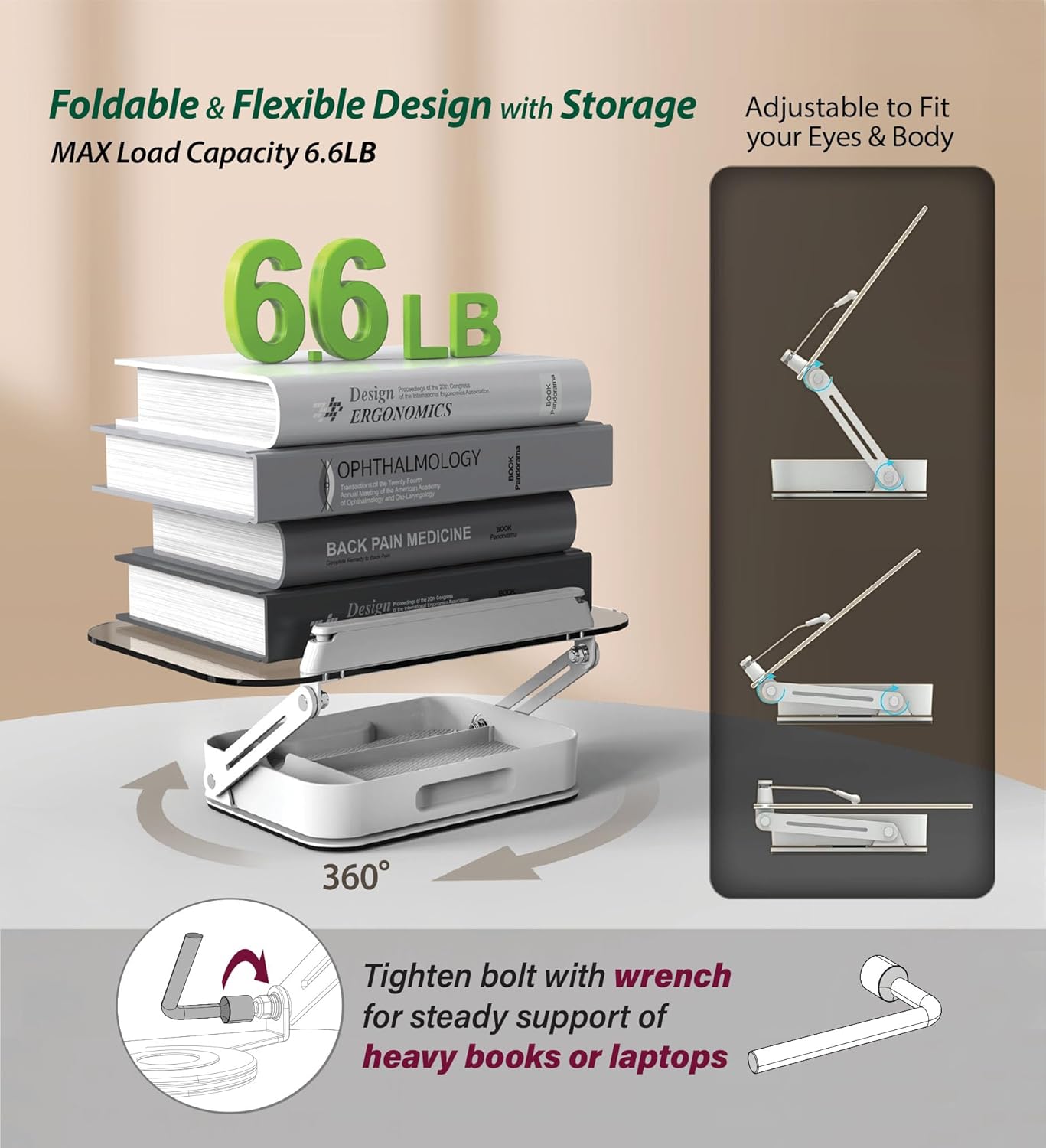 Acrylic Book Stand with Storage, 360° Rotating, Foldable Adjustable Holder with Large Storage Capacity for Reading & Tablets (Clear)