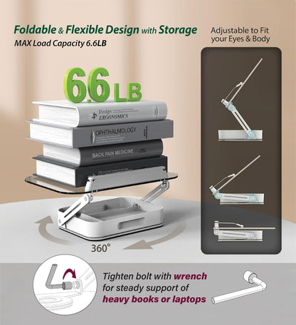 Acrylic Book Stand with Storage, 360° Rotating, Foldable Adjustable Holder with Large Storage Capacity for Reading & Tablets (Clear)