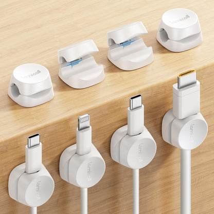 8Pack Cord Organizer [1s Lock] Spring Cable Management Clips - Lamicall Desk Organizer Cord Holder, Adhesive Cable Clips, Phone Charger Wire Keeper for Nightstand Car Office Desk Accessories, White
