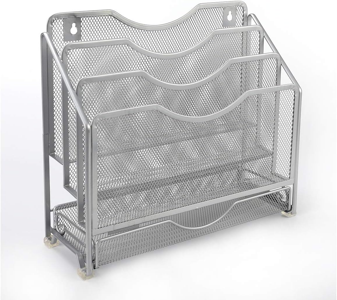EasyPAG Mesh Desk Paper Organizer Wall Hanging File Holder with 3 Upright File Organizer and Sliding Drawer,Black