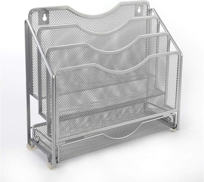 EasyPAG Mesh Desk Paper Organizer Wall Hanging File Holder with 3 Upright File Organizer and Sliding Drawer,Black