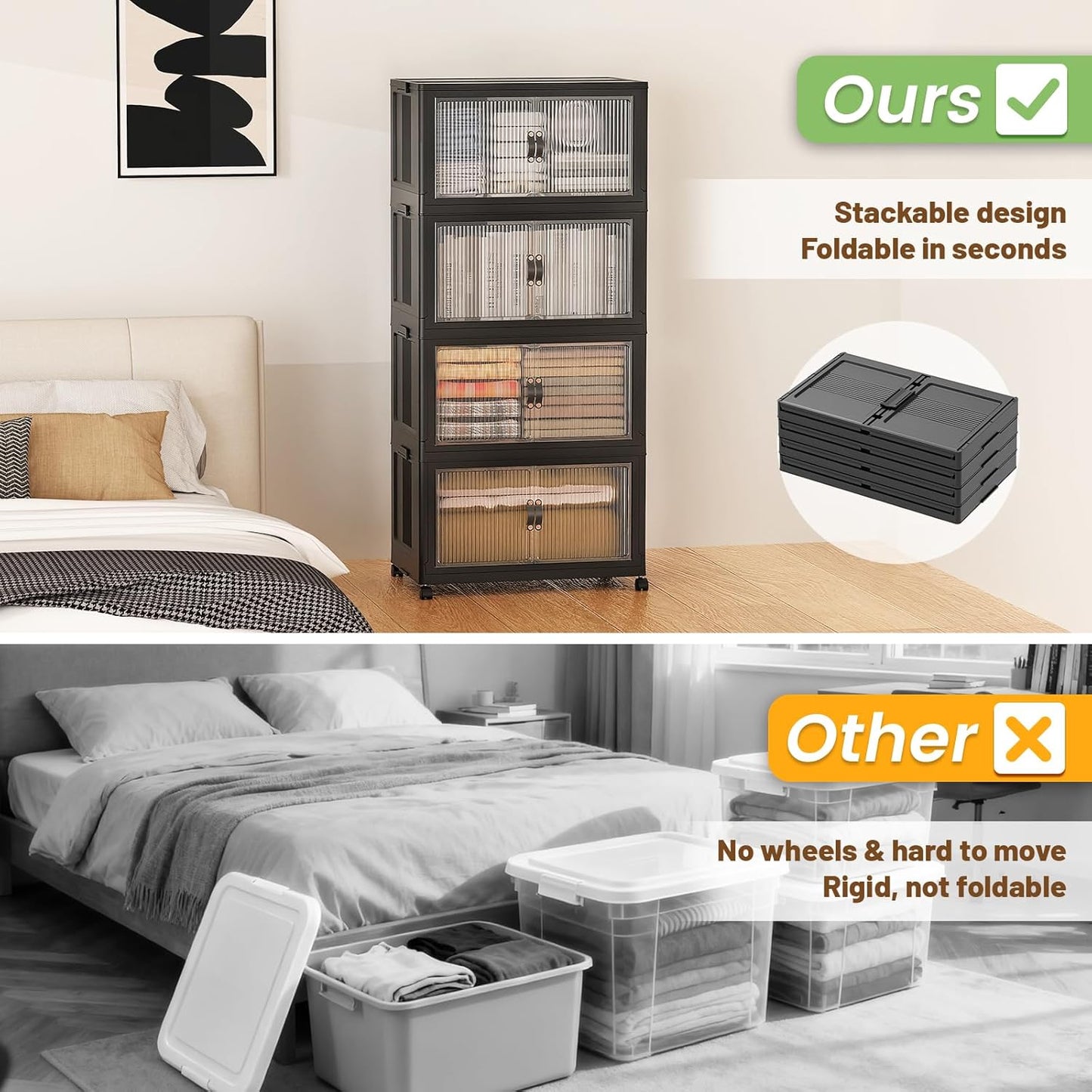 SAILUN 145Gal/580Qt Collapsible & Stackable Storage Bins with Door & a Lid,Perfect for Blanket Storage, Pillow Organizer, Bedroom Closet & Living Room, Black 26" W x 17" D x 71" H