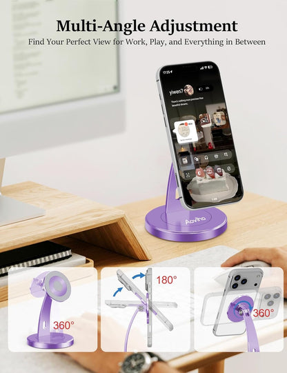 Aoviho Magnetic Phone Stand for Desk – 360° Rotating Aluminum Phone Holder, Stable Desk Stand for Office, Home & Kitchen, Compatible with iPhone 17 Pro Max 16–12 Series and MagSafe Cases, Purple