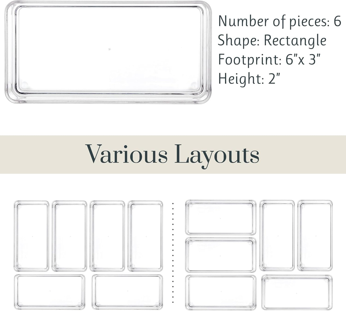 STORi SimpleSort 6-Piece Stackable Clear Drawer Organizer Set | 12" x 3" x 2" Rectangle Trays | Narrow Makeup Vanity Storage Bins and Office Desk Drawer Dividers | Made in USA