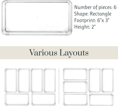 STORi SimpleSort 6-Piece Stackable Clear Drawer Organizer Set | 12" x 3" x 2" Rectangle Trays | Narrow Makeup Vanity Storage Bins and Office Desk Drawer Dividers | Made in USA